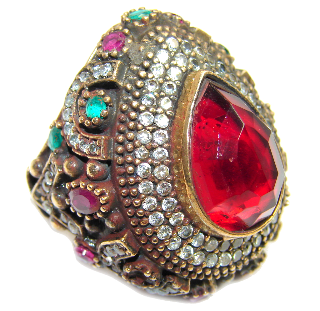 Giant Victorian Style created Ruby & White Topaz Sterling Silver ring; s. 8 1/4