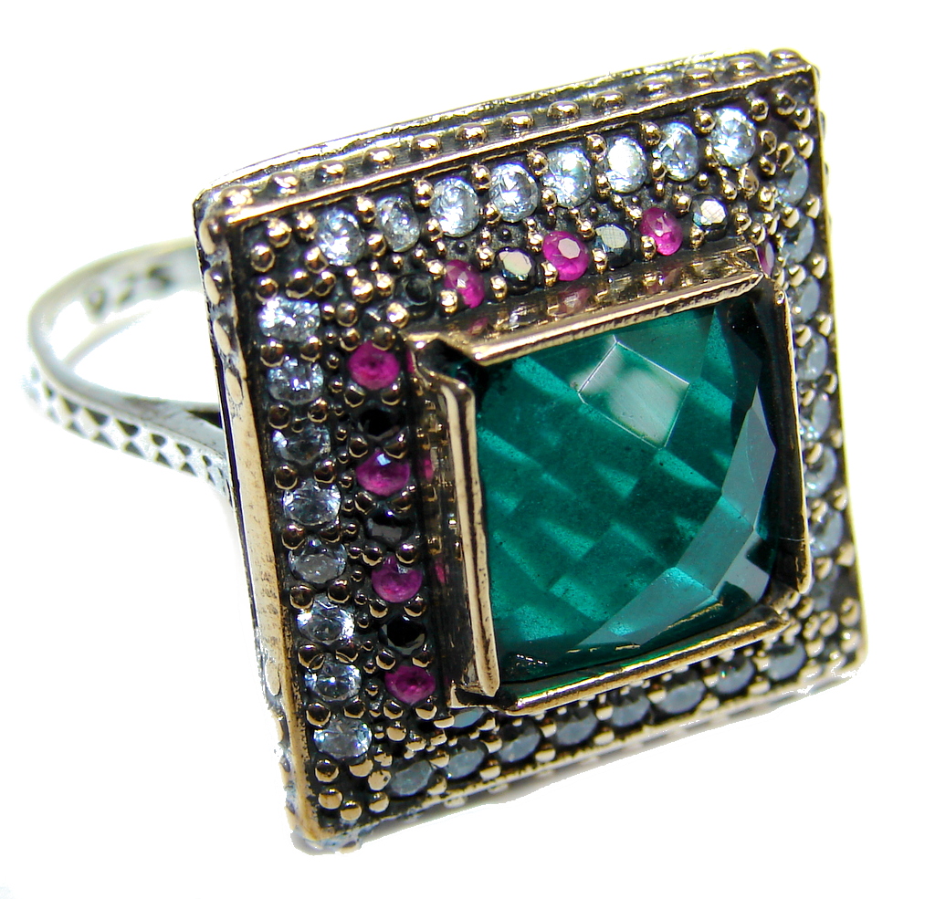 Victorian Style created Emerald & White Topaz Copper over Sterling Silver ring; s. 9