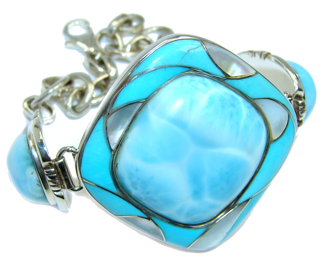 Genuine AAA Blue Larimar & Inlay Blister Pearl Turquoise Sterling Silver Bracelet