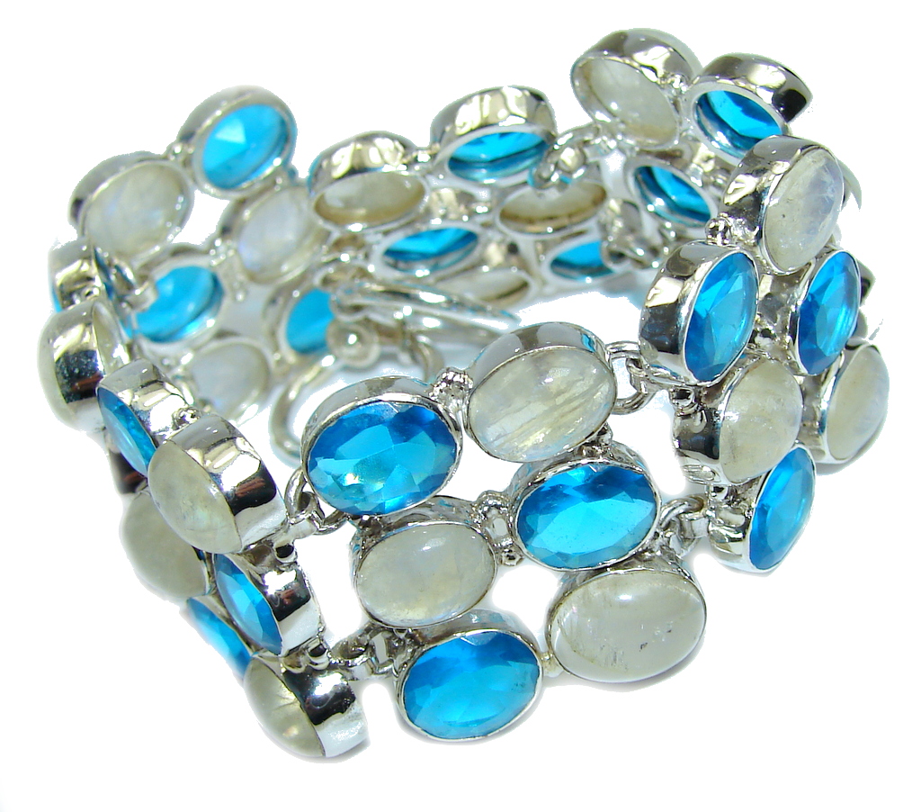 Amazing AAA Blue Moonstone & Blue Quartz Sterling Silver Bracelet
