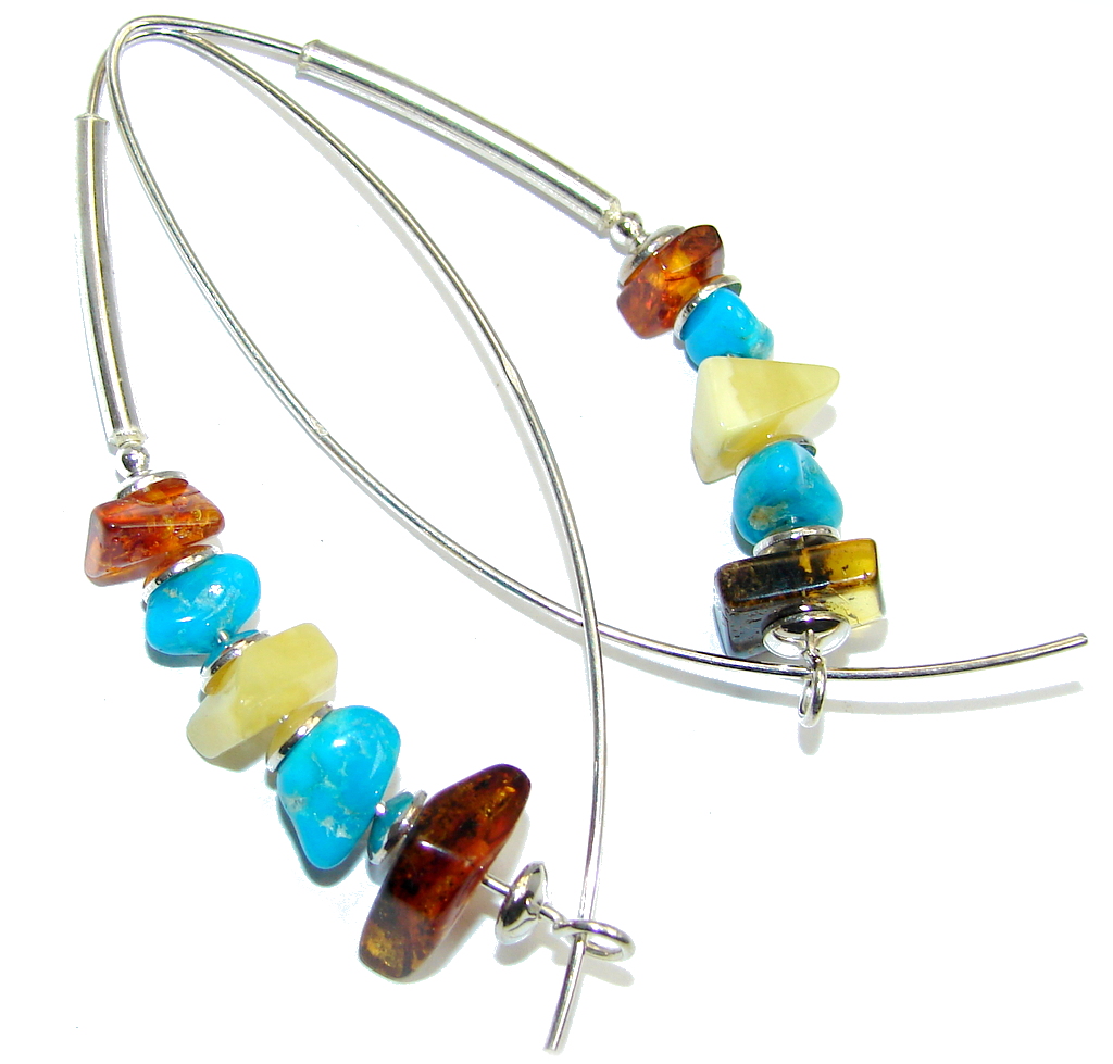 Genuine Long Baltic Polish Amber Sleeping Beauty Turquoise Sterling Silver Earrings
