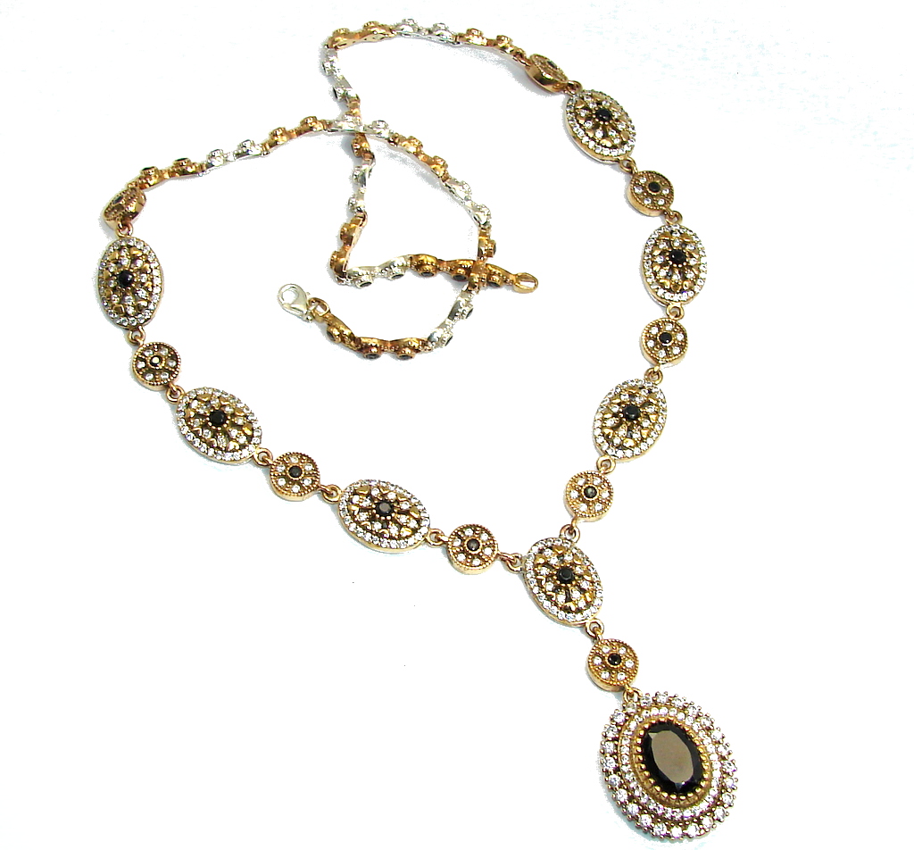 Victorian Style faceted Onyx & White Topaz copper over Sterling Silver necklace