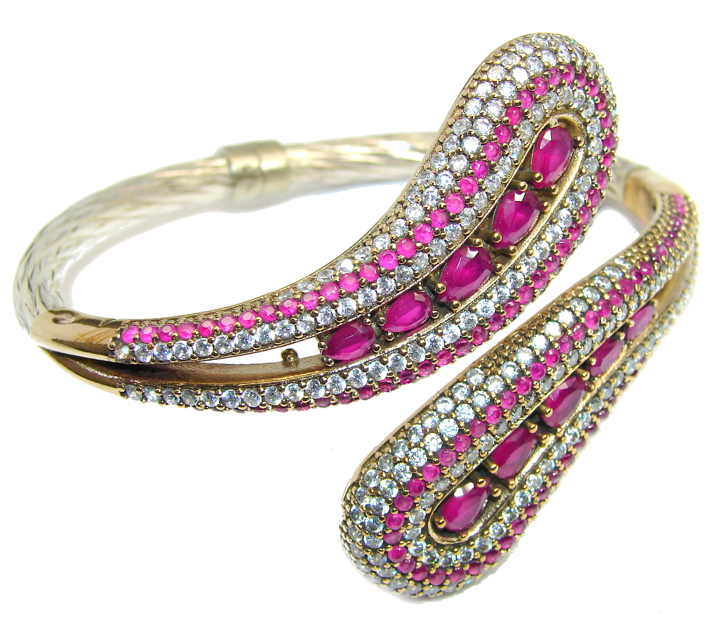 Victorian Style Pink Ruby & White Topaz Sterling Silver Bracelet / Cuff