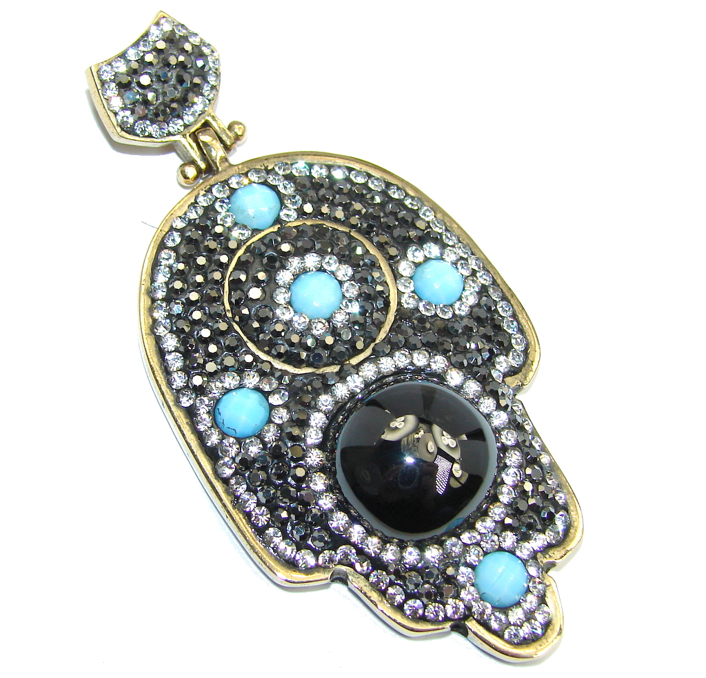 Victorian Style protective Hamsa Hand AAA hematite Sterling Silver Pendant