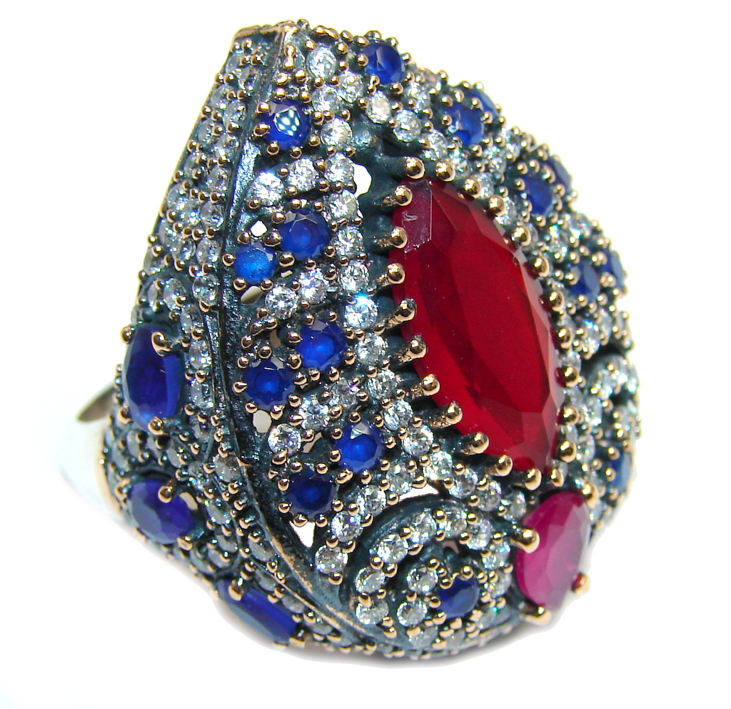 Giant Victorian Style created Ruby & White Topaz Sterling Silver ring; s. 9