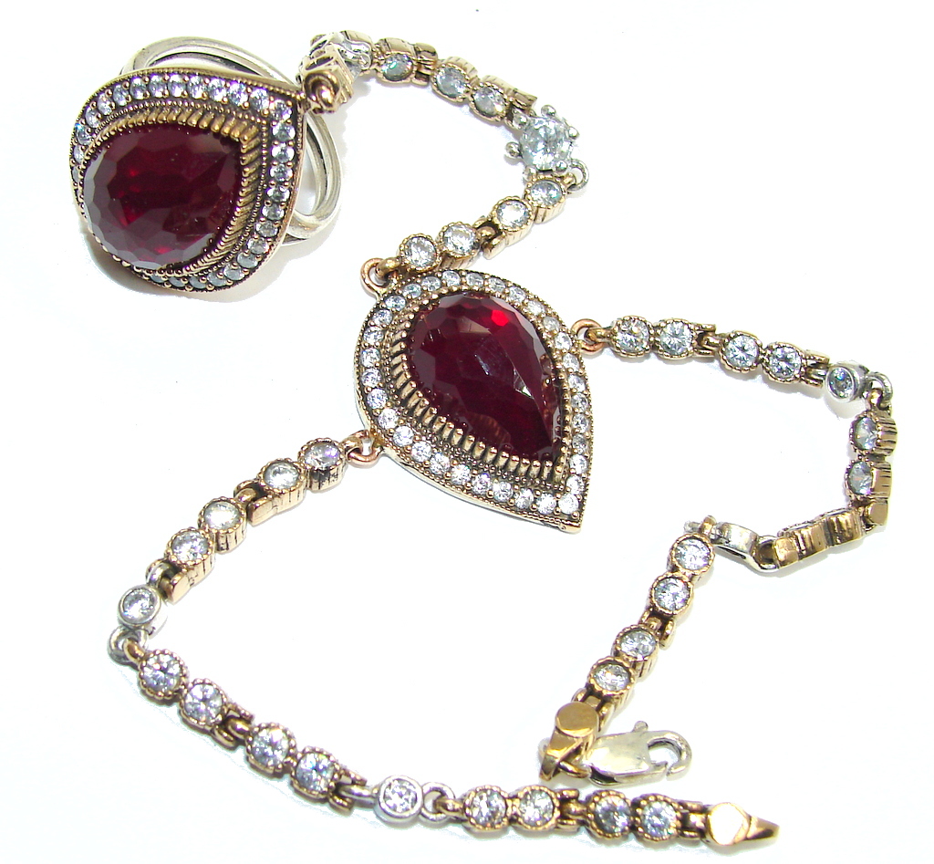 Victorian Style created Ruby Ring and Bracelet in one Streling Silver Set