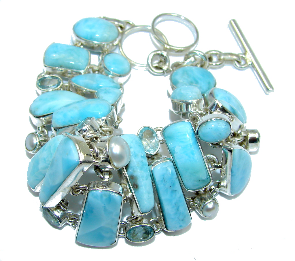AAA Blue Larimar & Swiss Blue Topaz Pearls Sterling Silver Bracelet