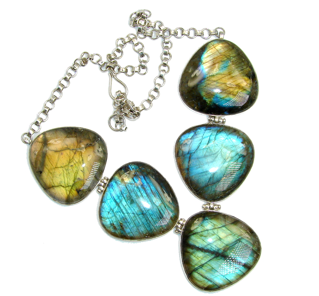 Huge Bold Moon AAA Fire Labradorite Sterling Silver necklace