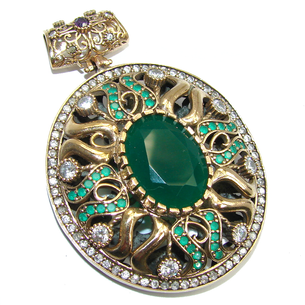 Victorian Style Created Emerald & White Topaz Sterling Silver Pendant