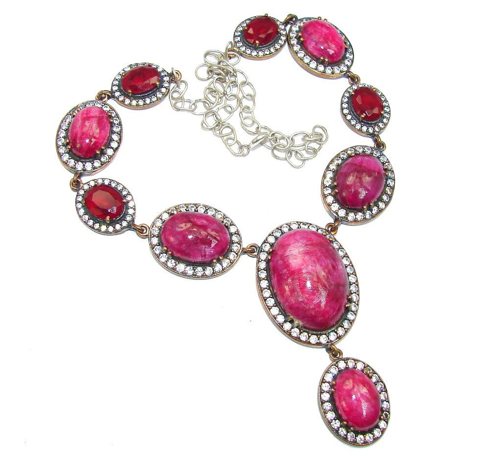Incredible Victorian Design Red Ruby & White Topaz copper plated Sterling Silver necklace