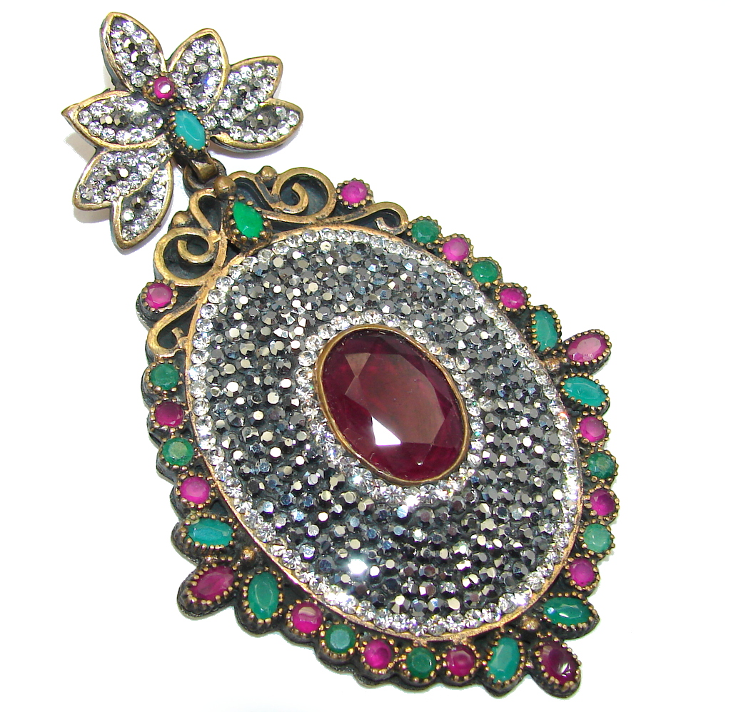 Huge Perfect created Red Ruby & White Topaz Sterling Silver Pendant