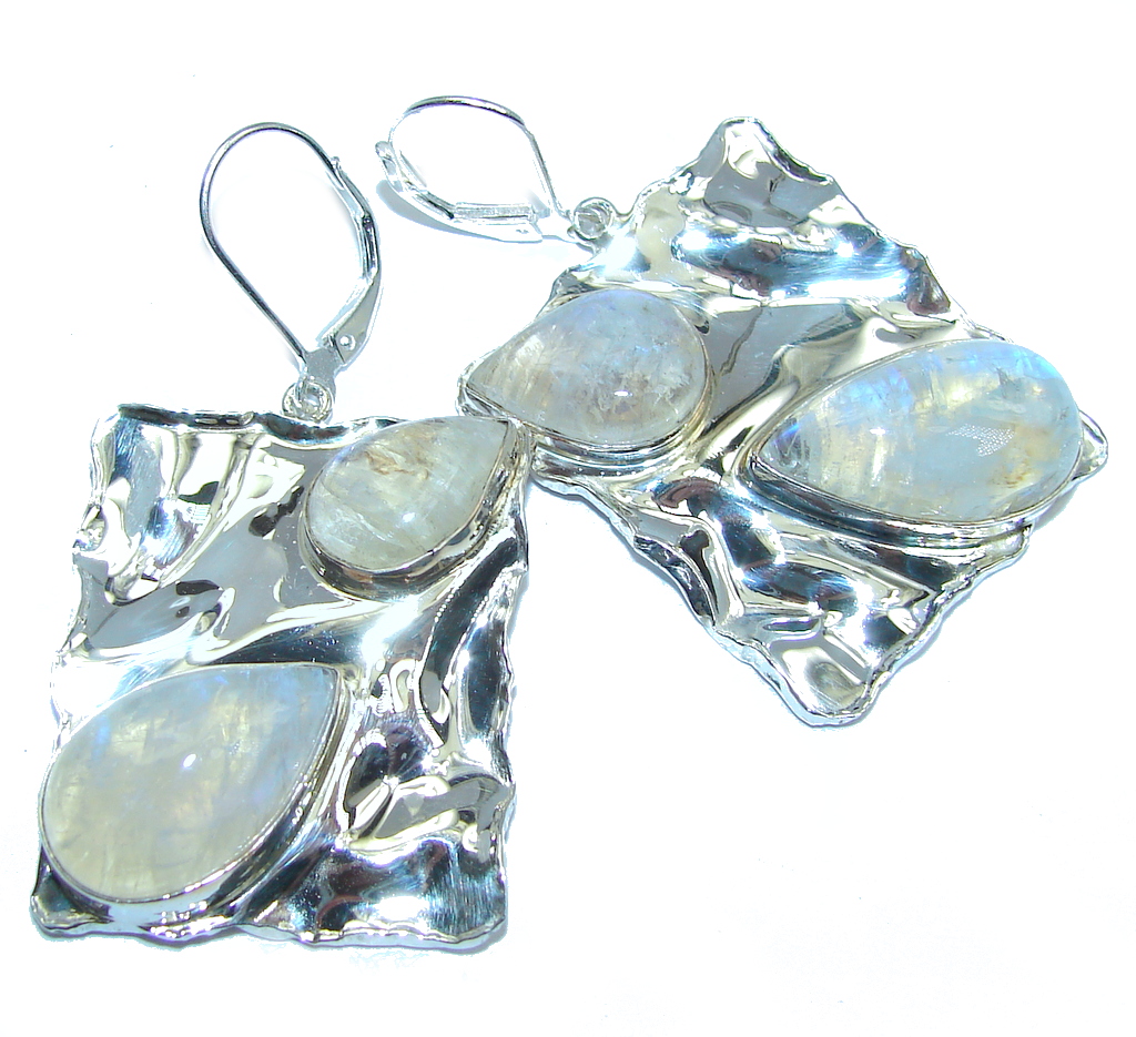 Modern Design White Moonstone hammered Sterling Silver earrings