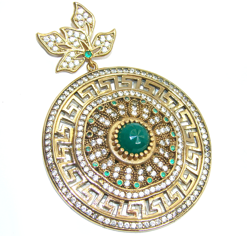 Victorian Style Created Emerald & White Topaz Sterling Silver Pendant