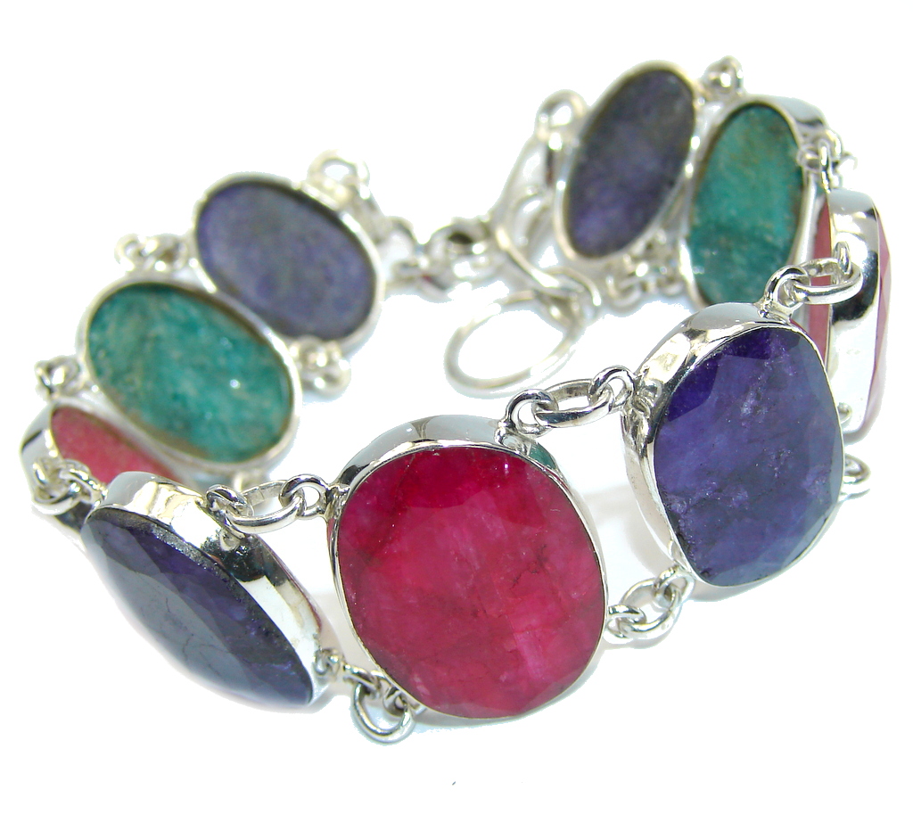 Simple Beauty Pink Ruby Emerald Sapphire Sterling Silver Bracelet
