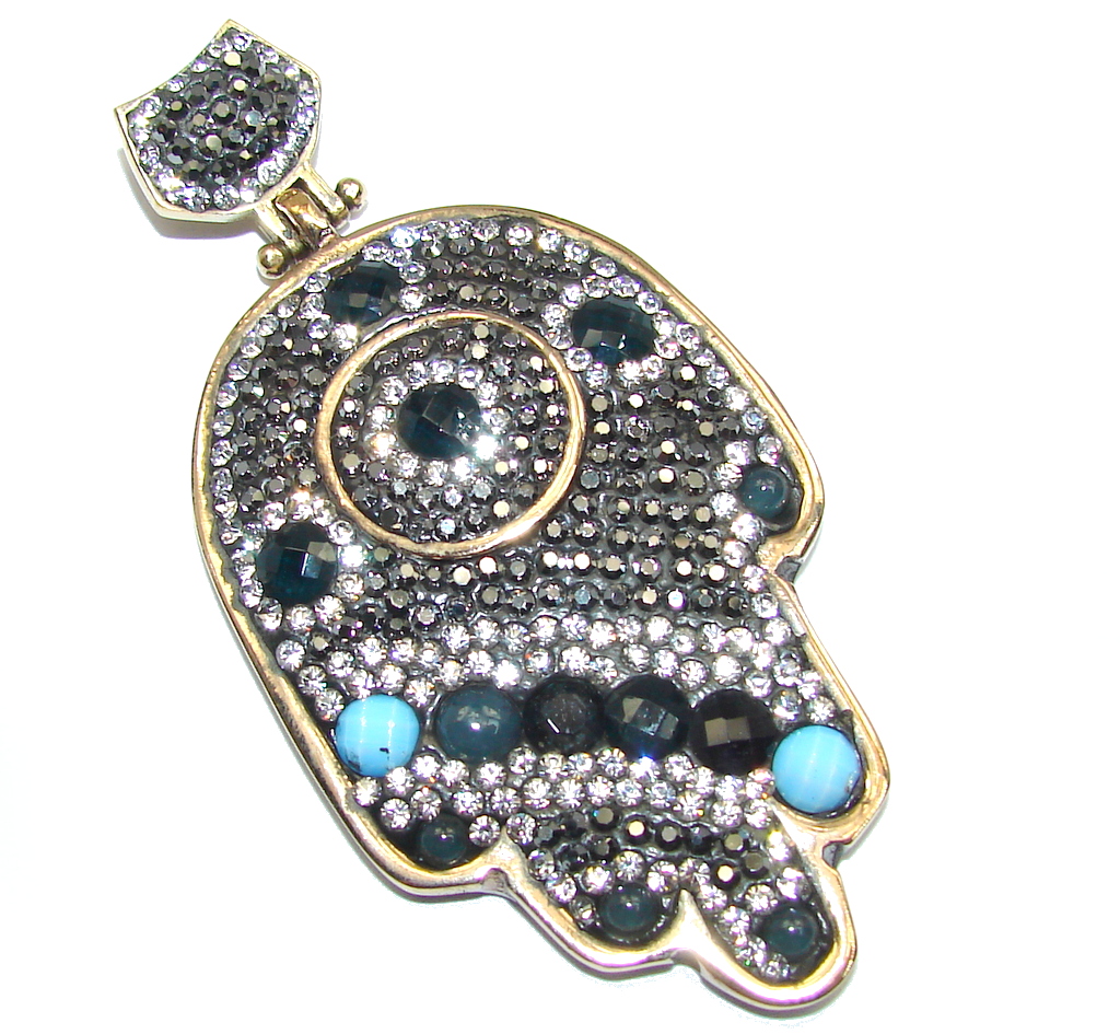 Victorian Style protective Hamsa Hand AAA hematite Sterling Silver Pendant