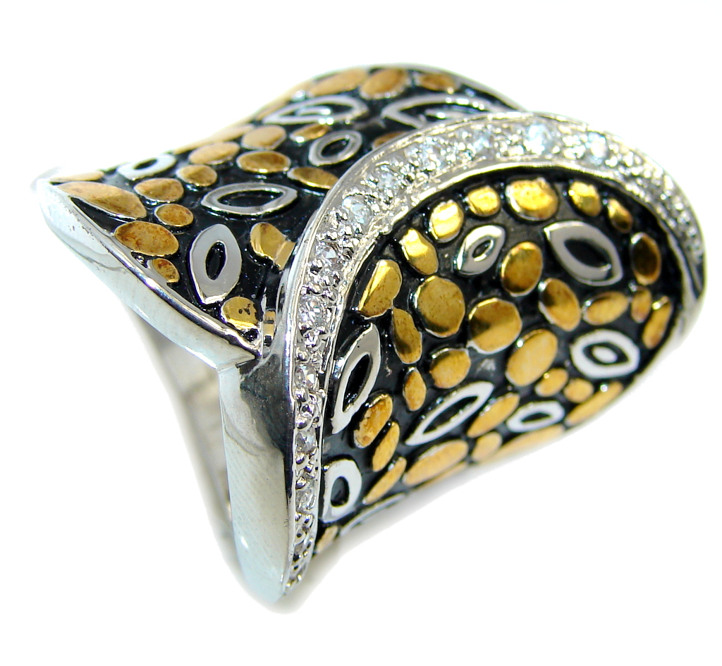 Amazing White Topaz Two Tones Sterling Silver ring s. 7