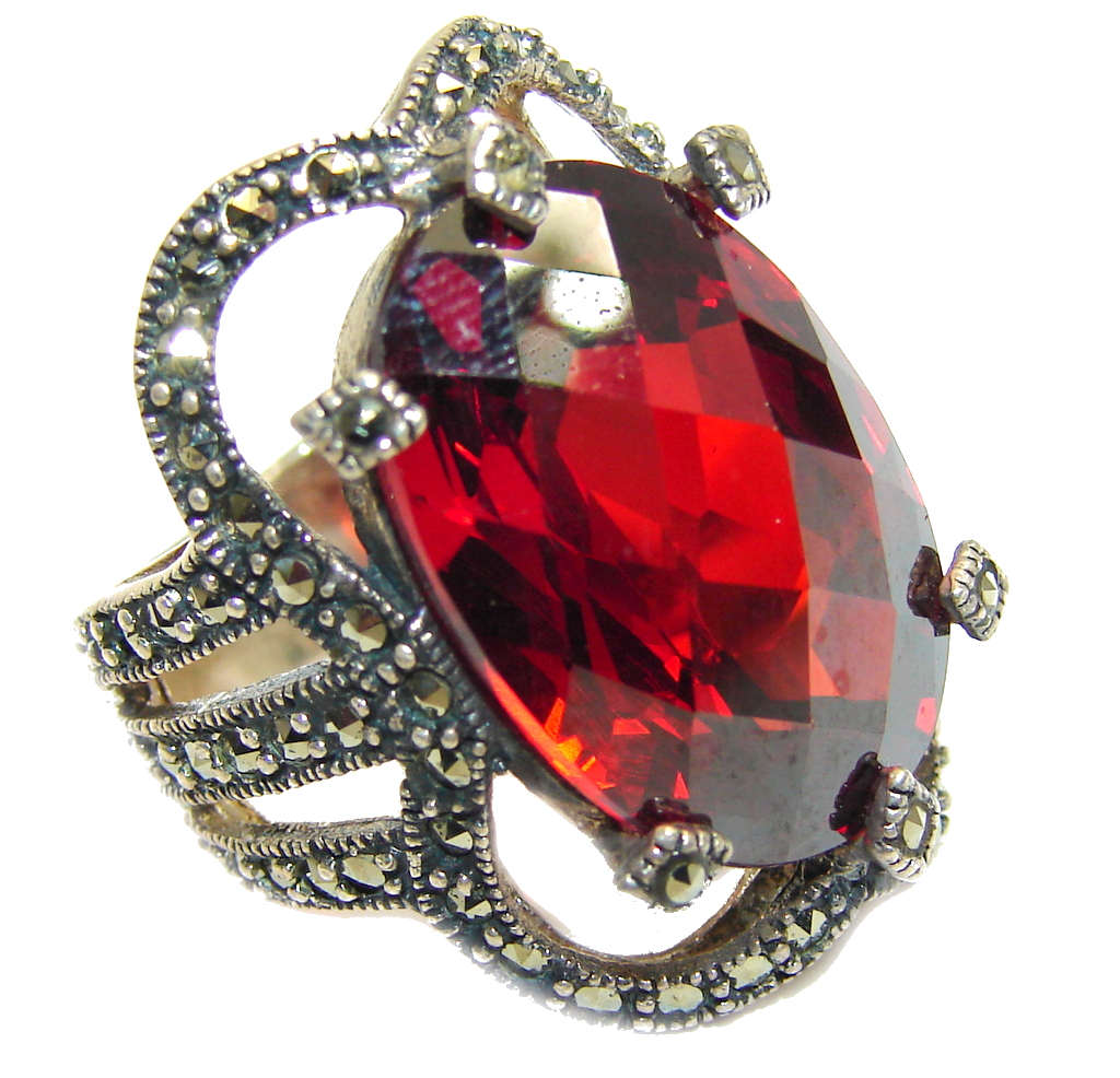 Amazing Red Quartz Marcasite Sterling Silver ring s. 6