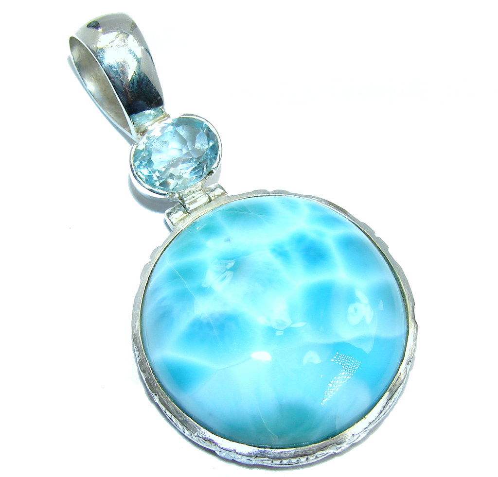 Big Genuine Blue Larimar Swiss Blue Topaz Sterling Silver Pendant