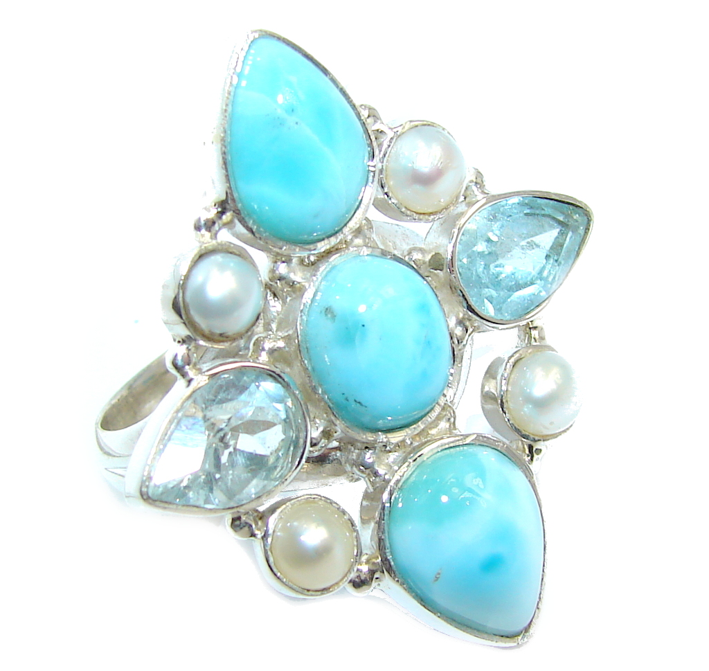 Amazing AAA quality Blue Larimar Oxidized Sterling Silver Ring size 7 3/4