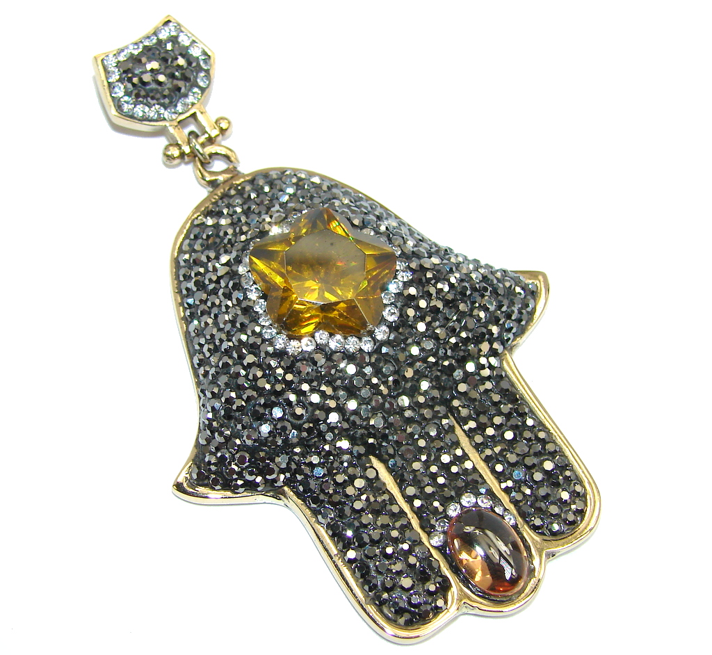 Victorian Style protective Hamsa Hand AAA hematite Sterling Silver Pendant