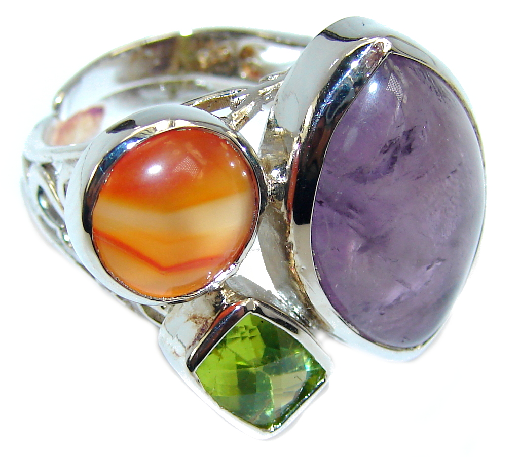 Genuine AAA Amethyst Peridot Carnelian Sterling Silver Ring resizable