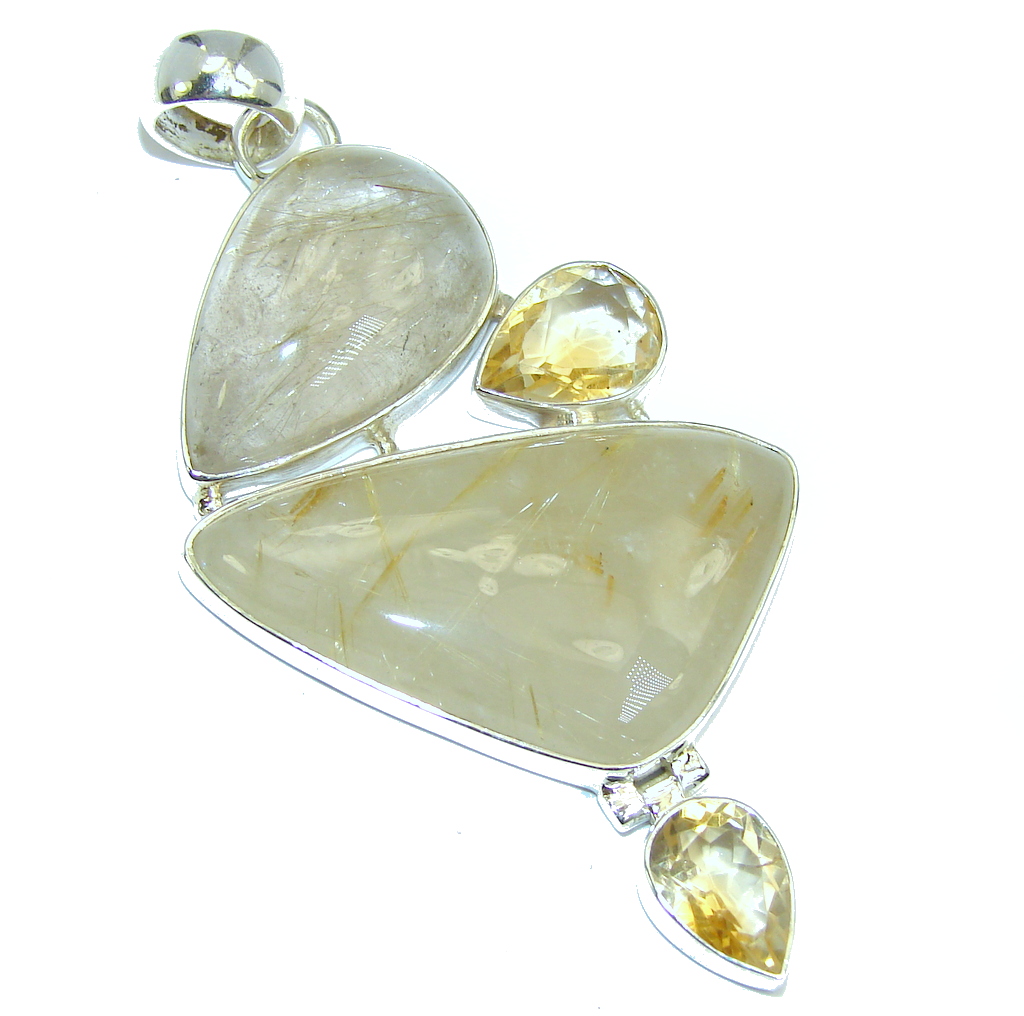 Big Himalayan Golden Rutilated Quartz & Citrine Sterling Silver Pendant
