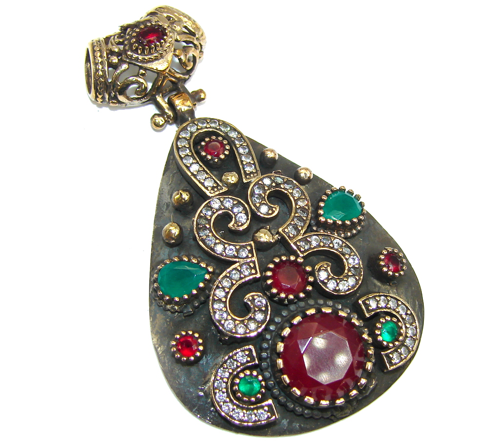 Huge Perfect created Red Ruby & White Topaz Sterling Silver Pendant