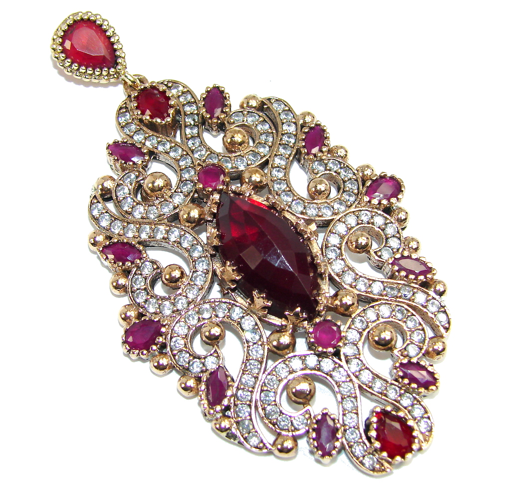 Large Perfect created Pink Ruby & White Topaz Copper over Sterling Silver Pendant