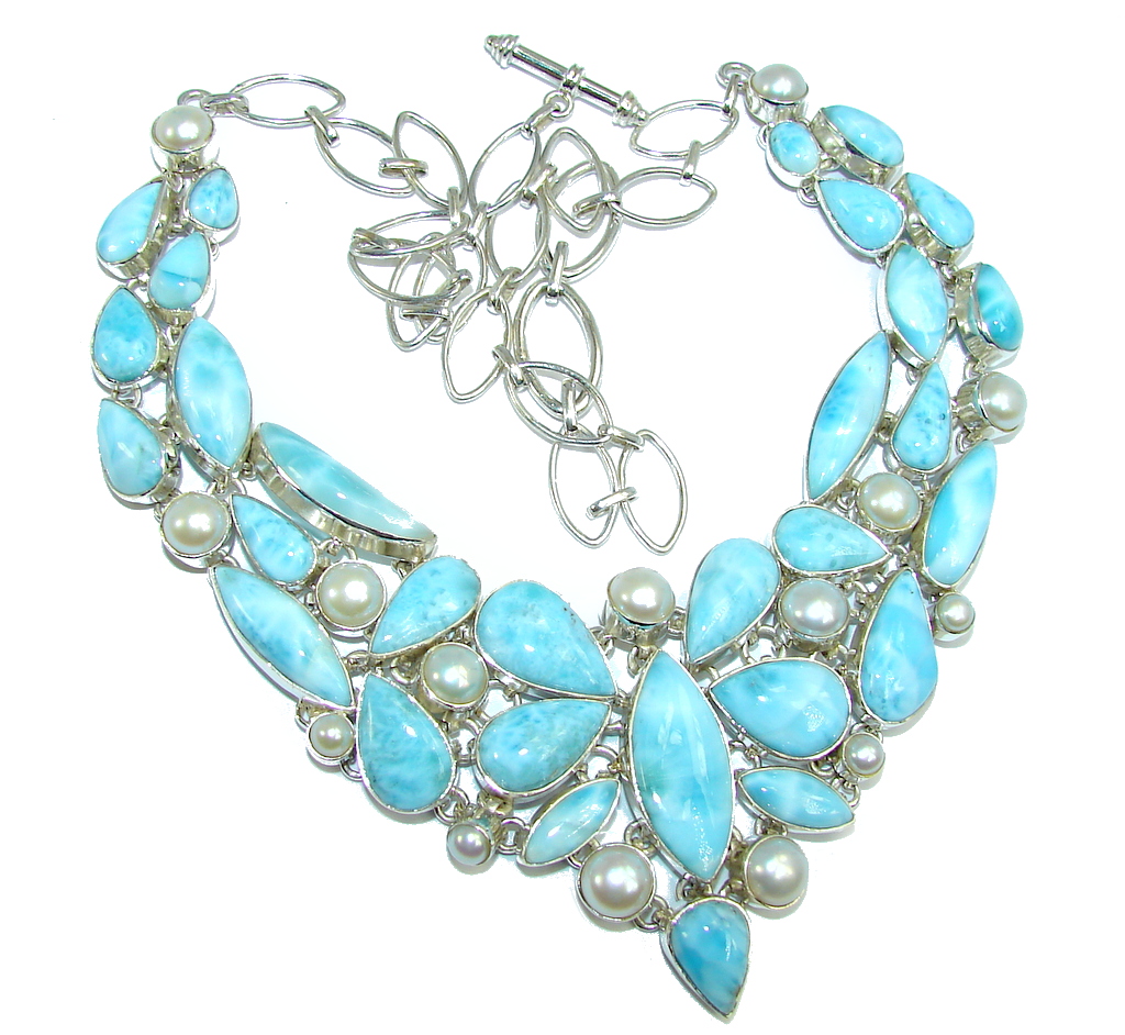 Huge Caribbean Style AAA Blue Larimar Pearls Sterling Silver necklace