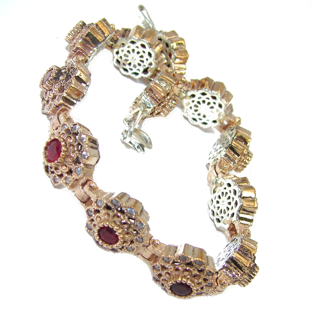 Victorian Style created Red Ruby & White Topaz Sterling Silver Bracelet