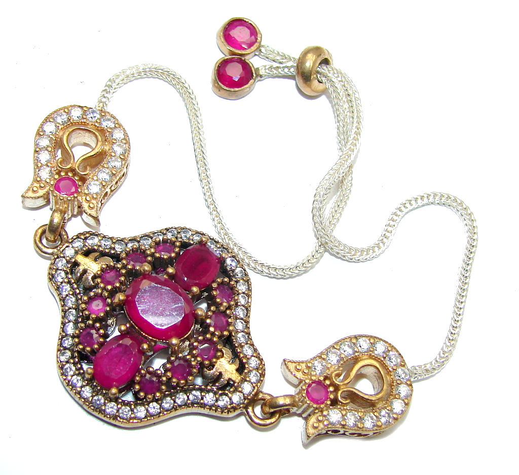 Victorian Style created Red Ruby & White Topaz Sterling Silver Bracelet