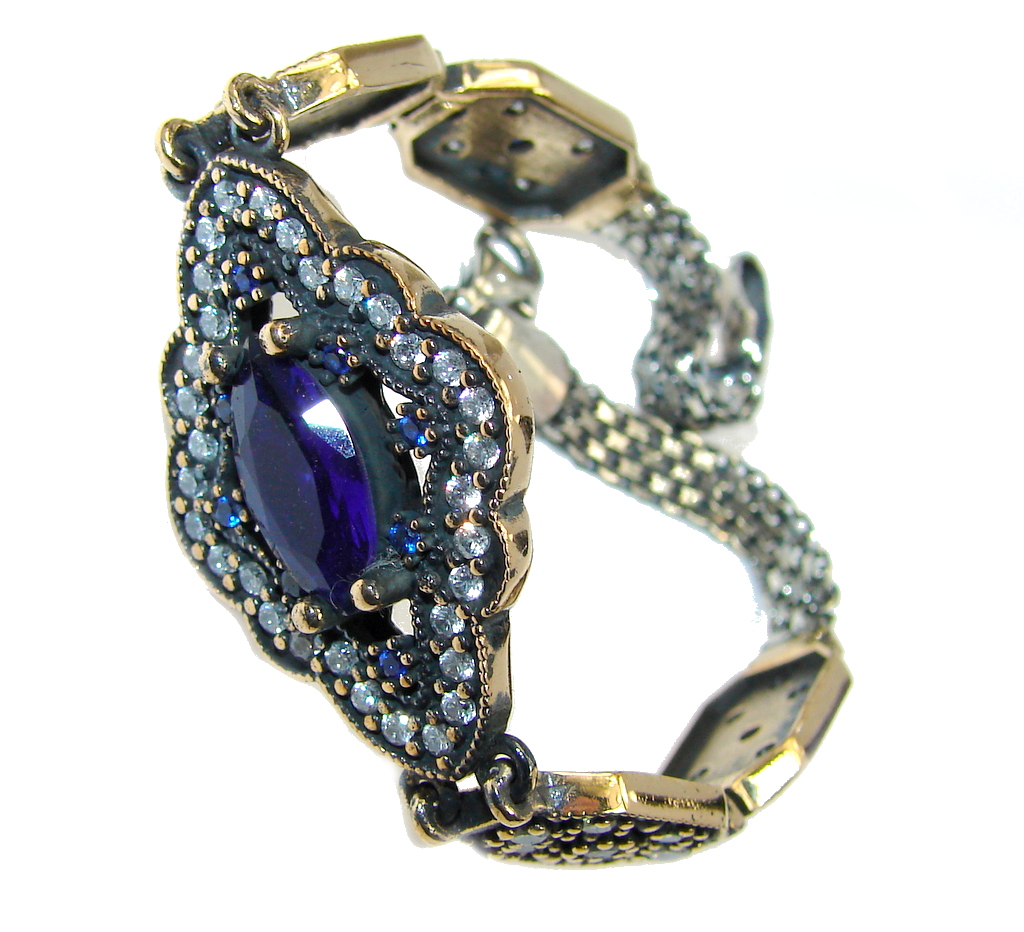 Victorian Style Created Blue Sapphire & White Topaz Sterling Silver Bracelet