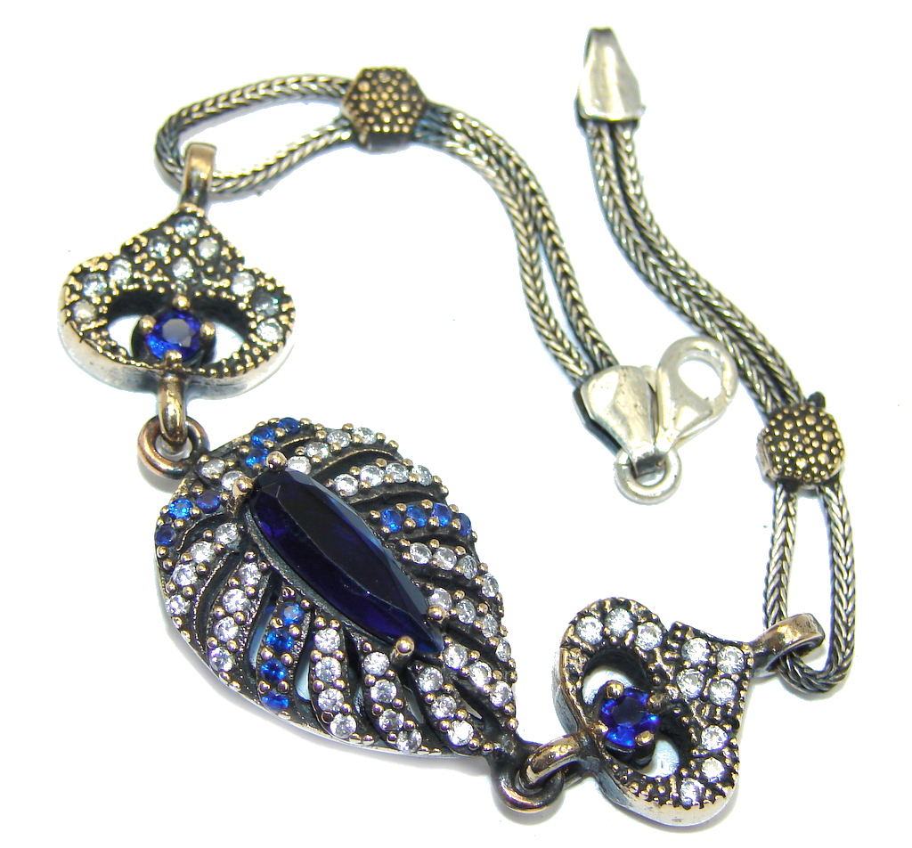 Victorian Style Created Blue Sapphire & White Topaz Sterling Silver Bracelet