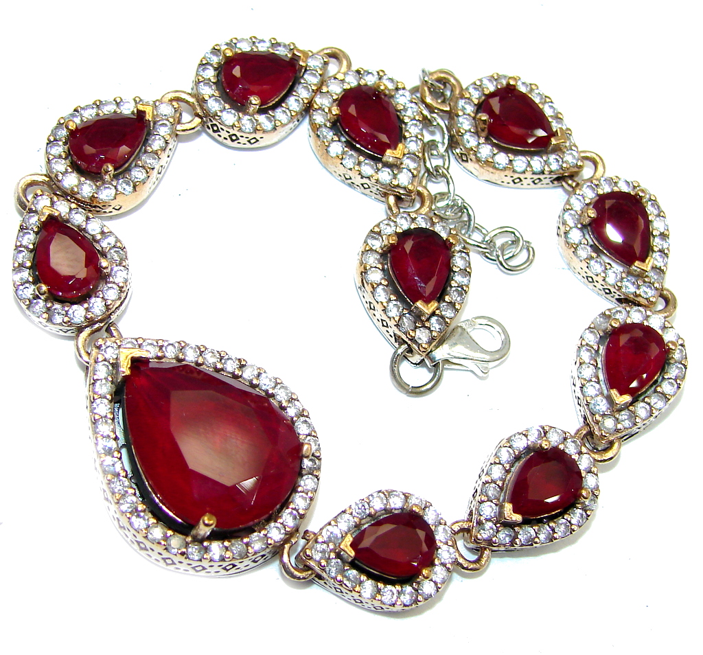 Victorian Style created Red Ruby & White Topaz Sterling Silver Bracelet
