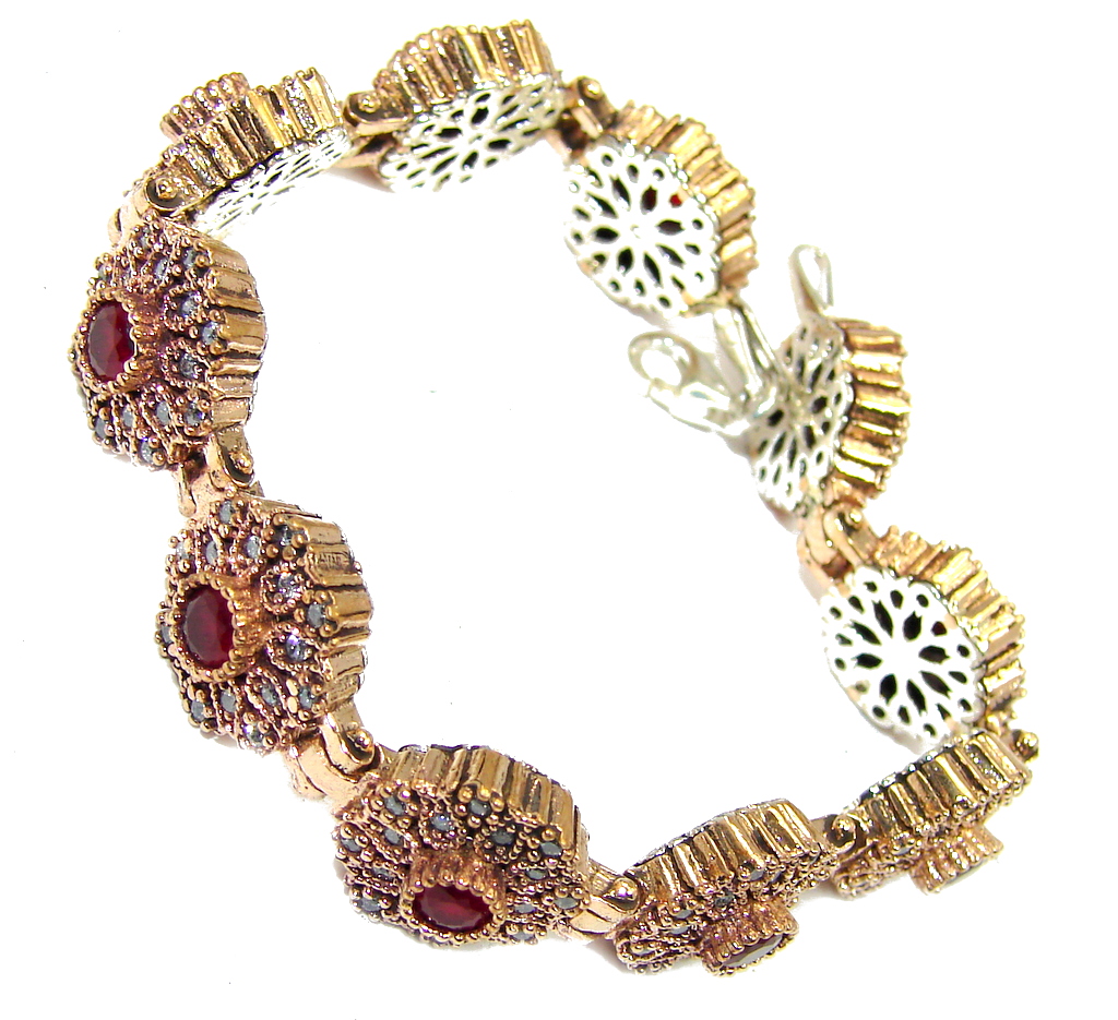 Victorian Style created Red Ruby & White Topaz Sterling Silver Bracelet