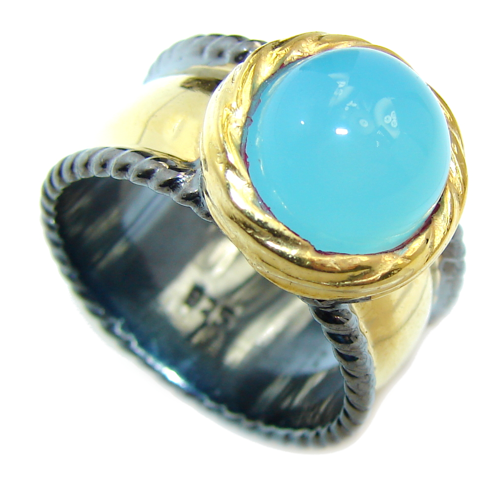 Blue Chalcedony Agate Gold Rhodium plated over Sterling Silver Ring s. 7