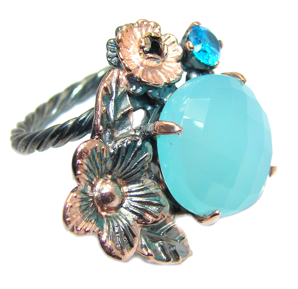 Blue Chalcedony Agate Gold Rhodium plated over Sterling Silver Ring s. 8