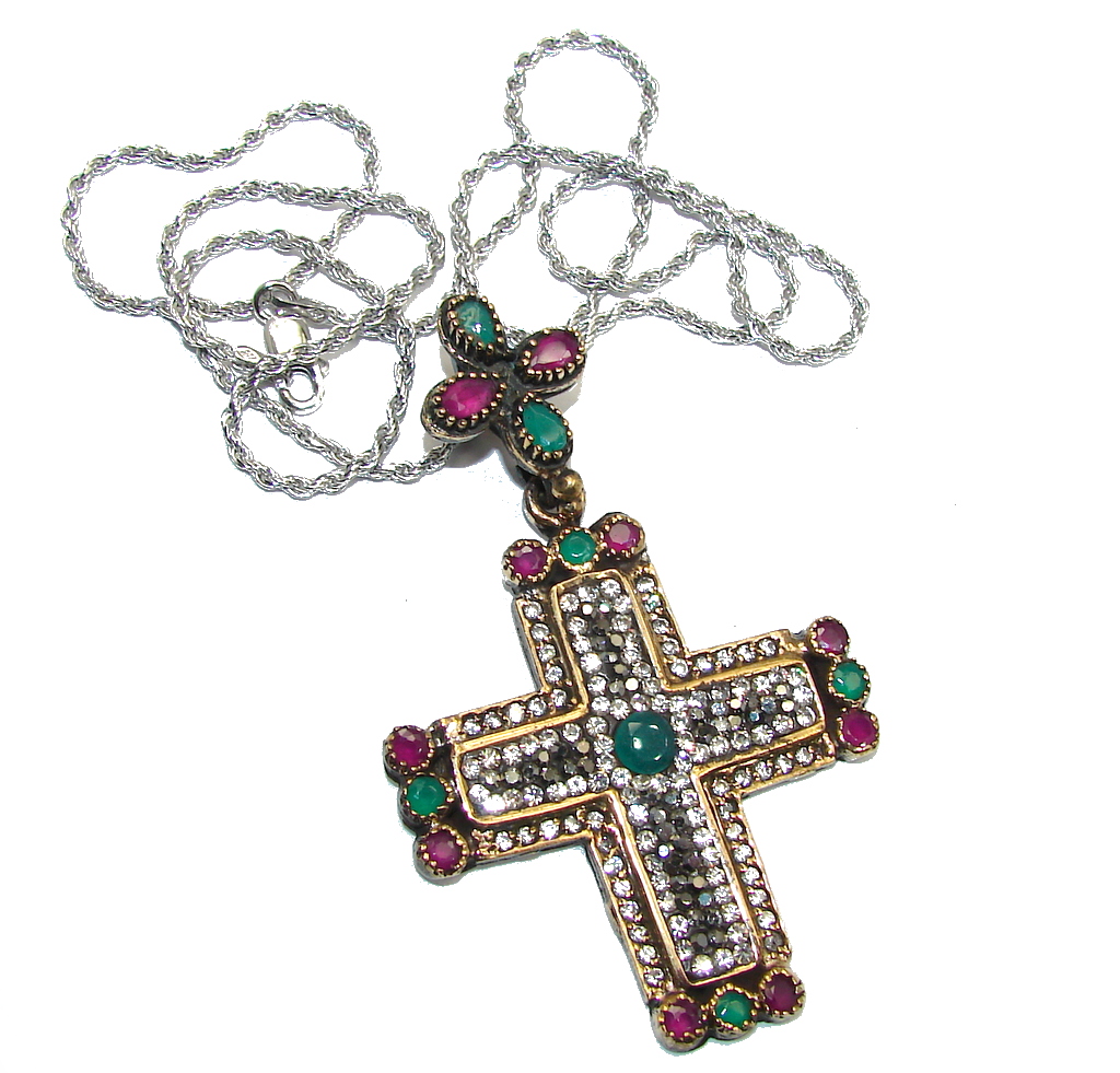 Huge Victorian created Emerald Ruby & White Topaz Sterling Silver necklace