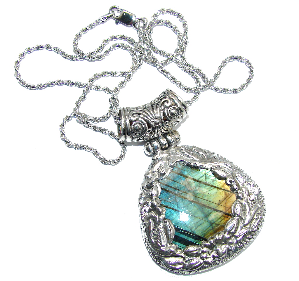 Huge Bold Moon AAA Fire Labradorite Sterling Silver Bali handcrafted necklace