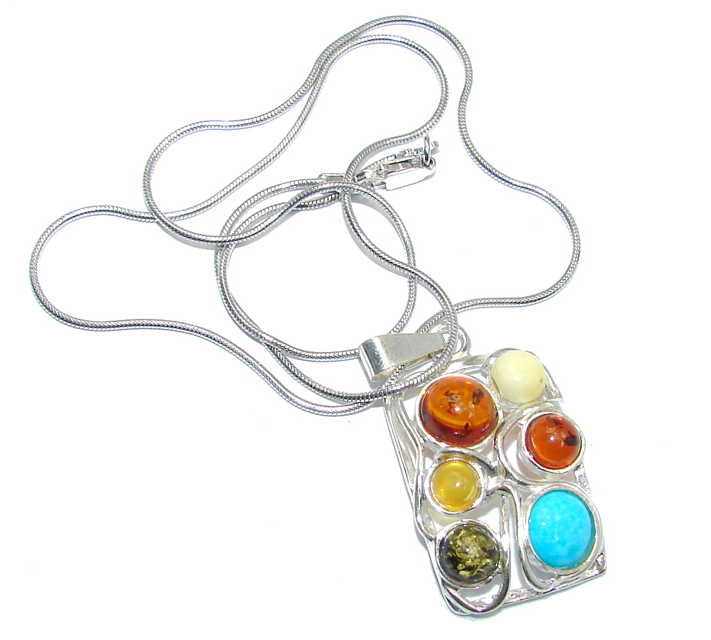 Romantic Design Baltic Polish Amber Turquoise Sterling Silver necklace