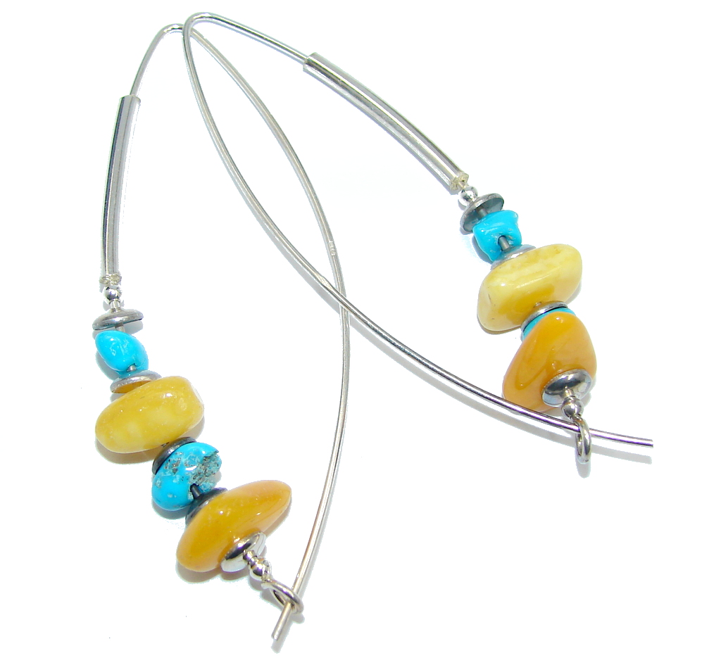 Genuine Long Baltic Polish Amber Sleeping Beauty Turquoise Sterling Silver Earrings