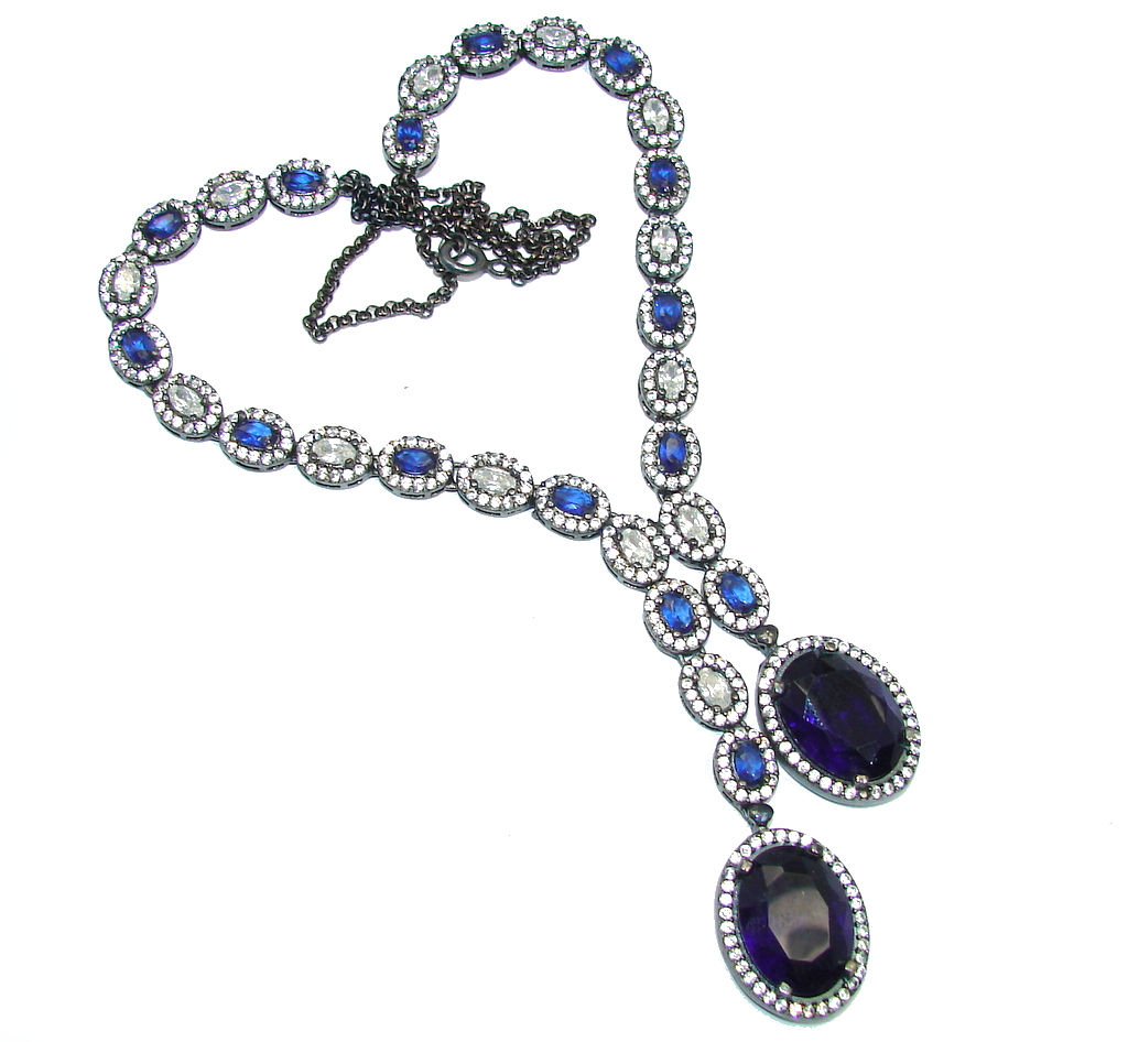 Elegant Victorian Style created Sapphire Ruby & White Topaz Sterling Silver necklace