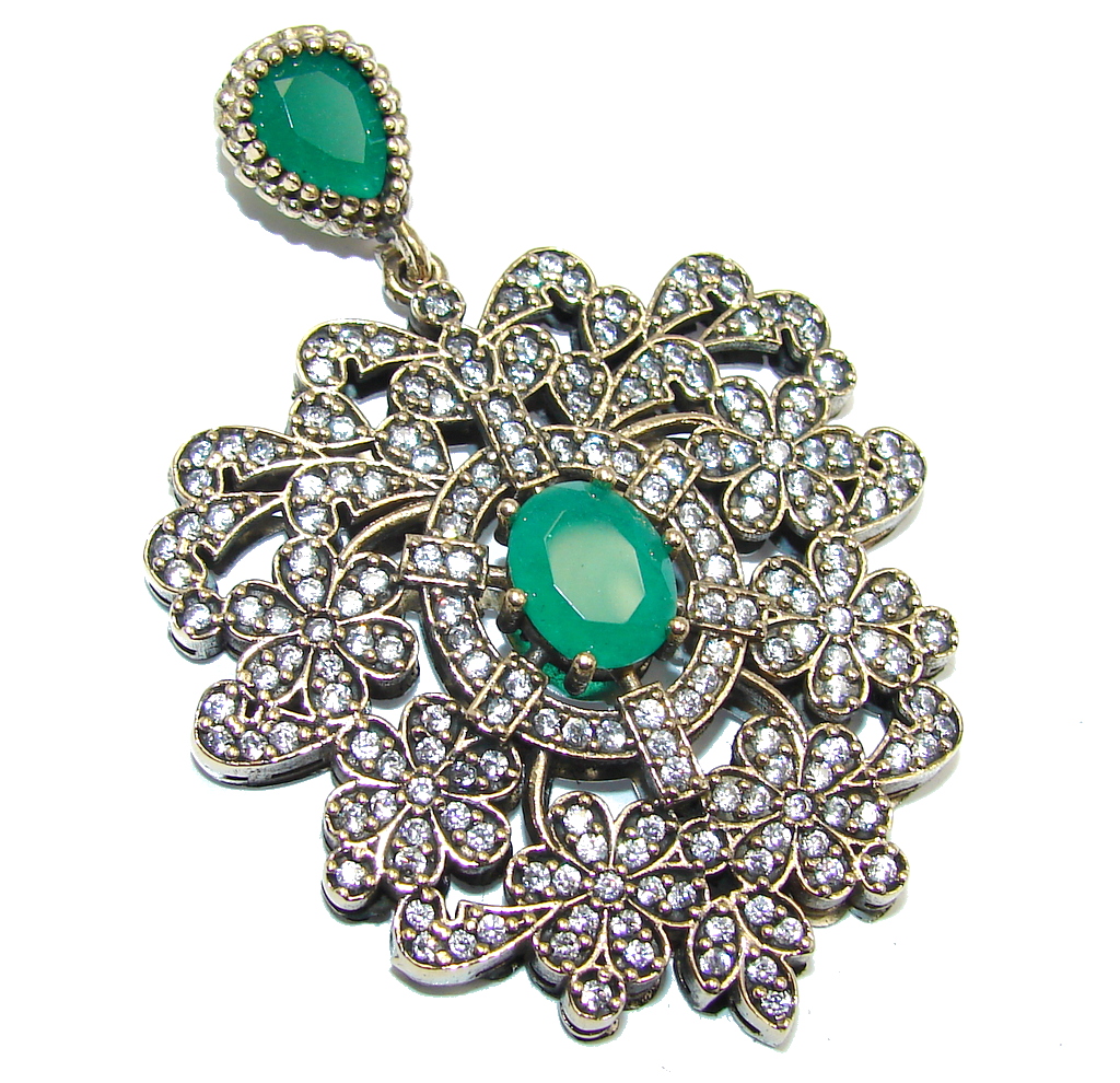 Victorian Style Created Emerald & White Topaz Sterling Silver Pendant