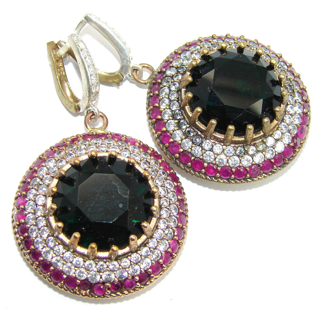 Large Victorian Style Onyx Ruby Sterling Silver Earrings