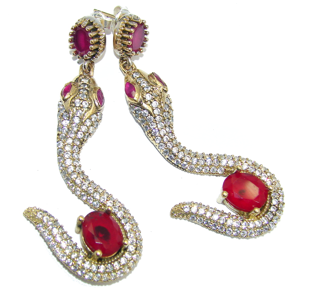 Victorian Style Snakes created Red Ruby & White Topaz Sterling Silver earrings