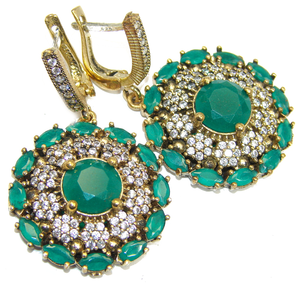 Victorian Style created Green Emerald Sterling Silver earrings