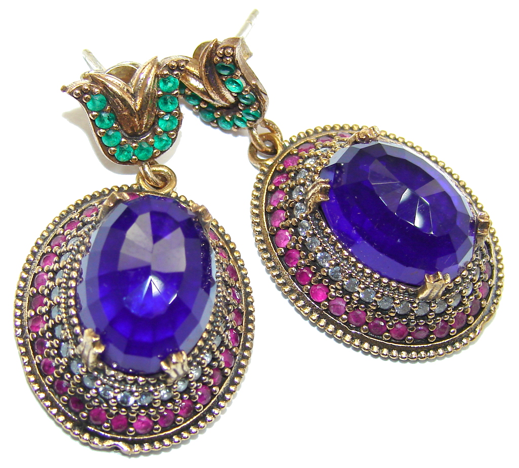 Large Victorian Style created Sapphire Ruby Sterling Silver Earrings