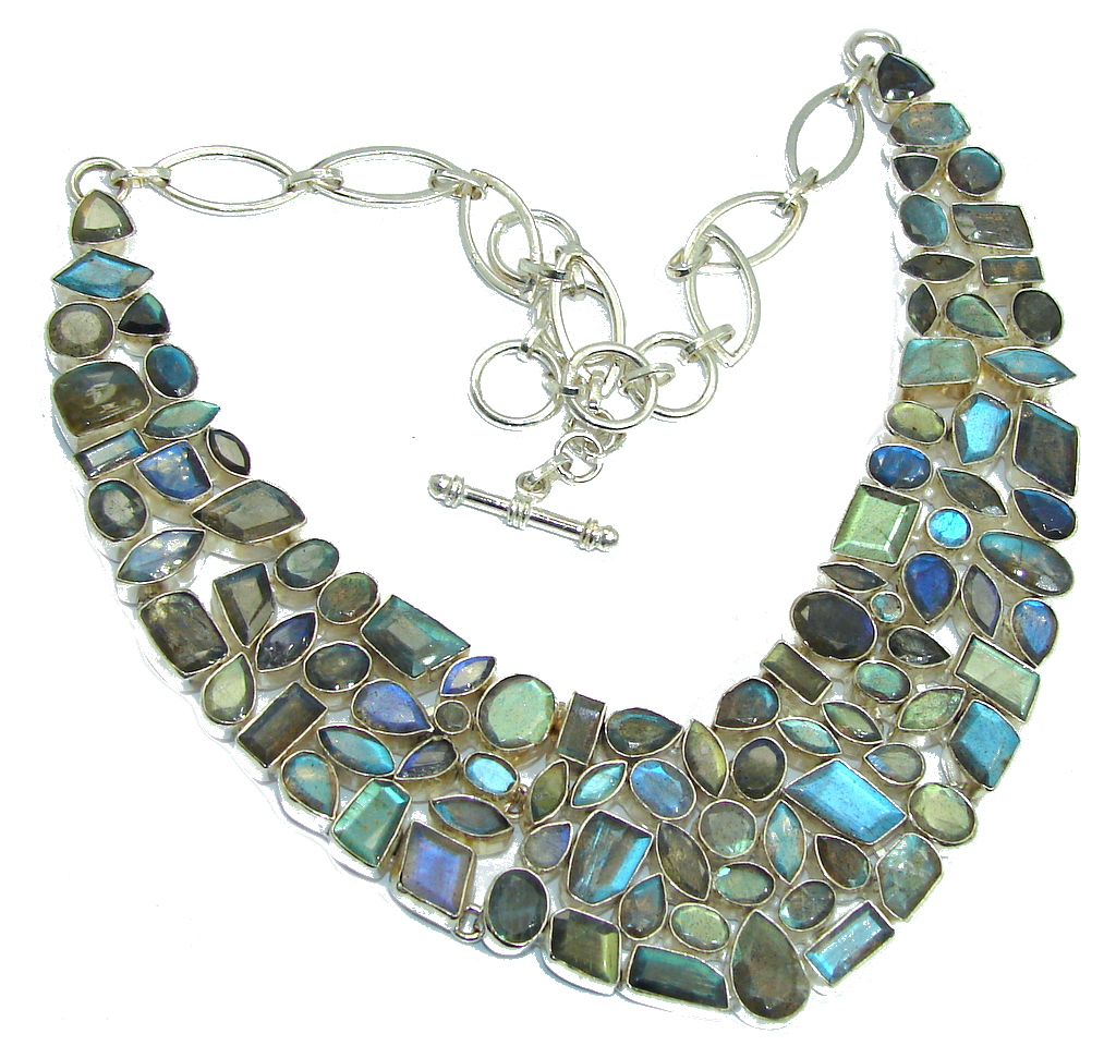 Huge Bold Moon AAA Fire Labradorite Sterling Silver necklace