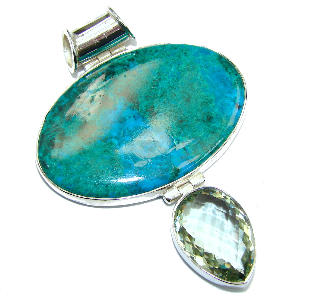 Big Stone Of Harmony AAA Green Chrysocolla Sterling Silver Pendant