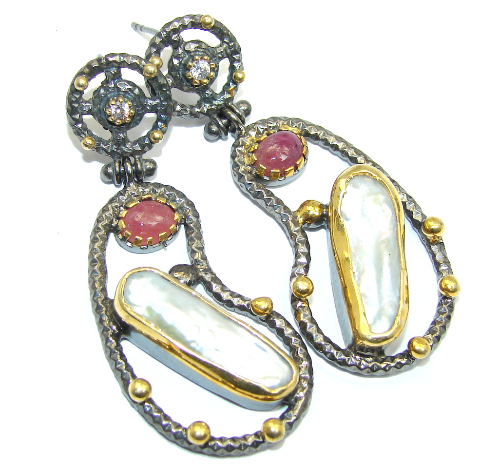 Stylish Italy Made Mother of Pearl Gold Rhodium Plated Sterling Silver earrings